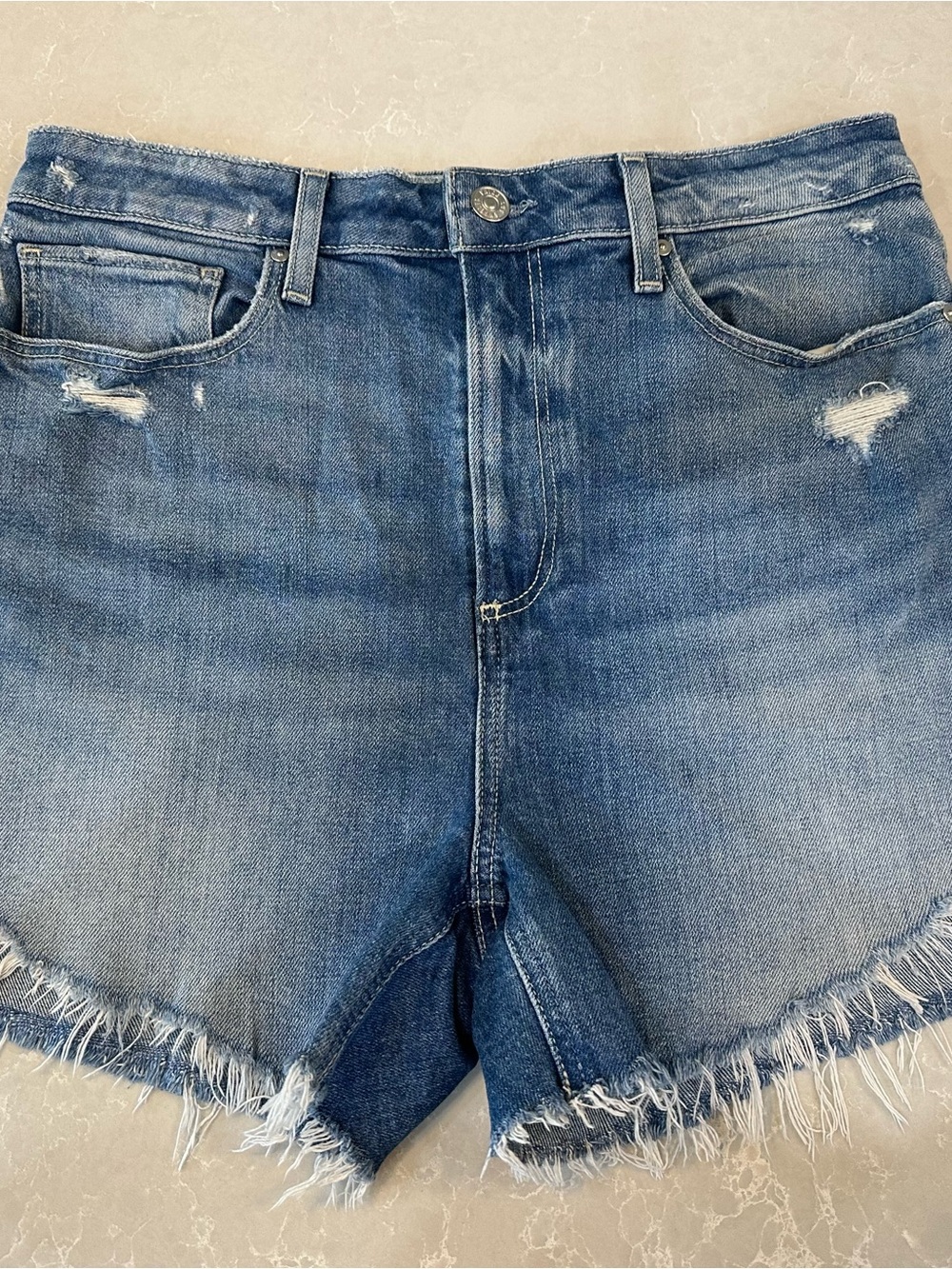 PAIGE Distressed Frayed Hem Denim Shorts - Blue Wash, Size 29